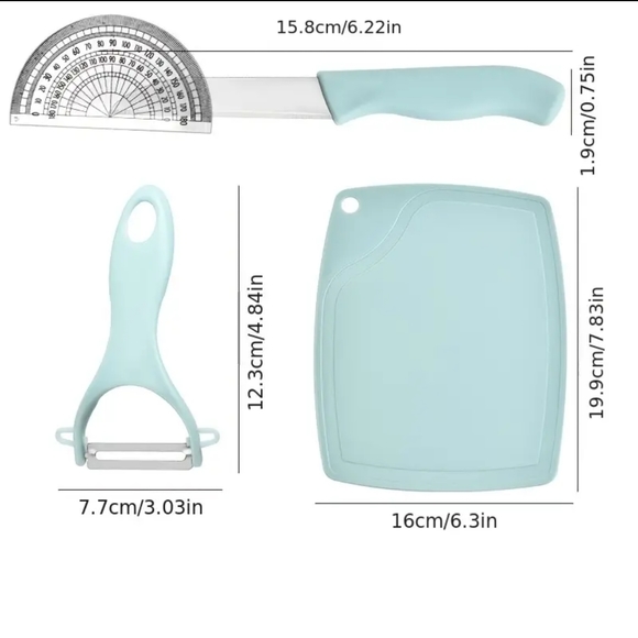 3pcs Kitchen Fruit Knife Set With Cutting Board, Peeler & Paring Knife new blue - Picture 6 of 15
